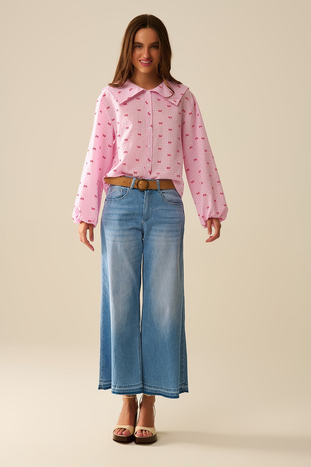 Gingham Peter Pan Collar Blouse in Pink With Bow Print - Blouses
