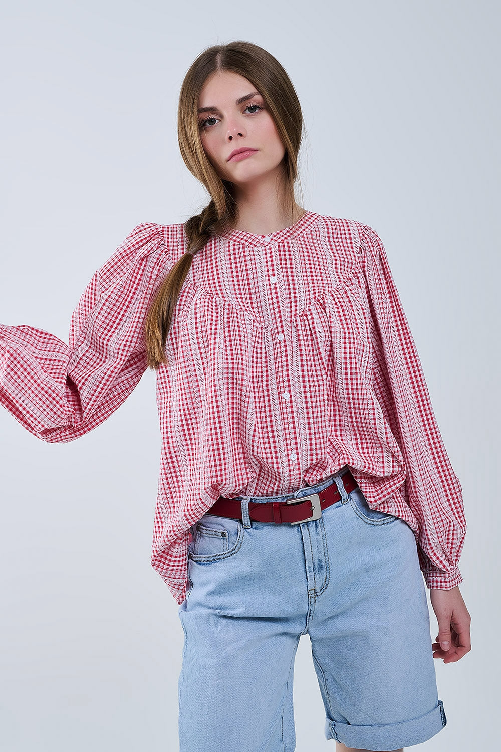 Gingham Red and White Collarless Blouse With Wide Sleeves - Blouses