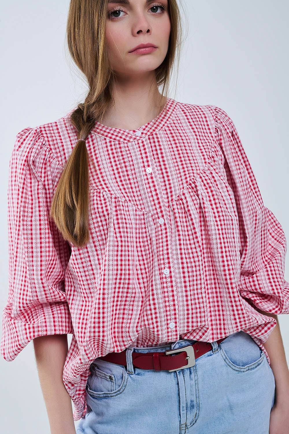 Gingham Red and White Collarless Blouse With Wide Sleeves - Blouses