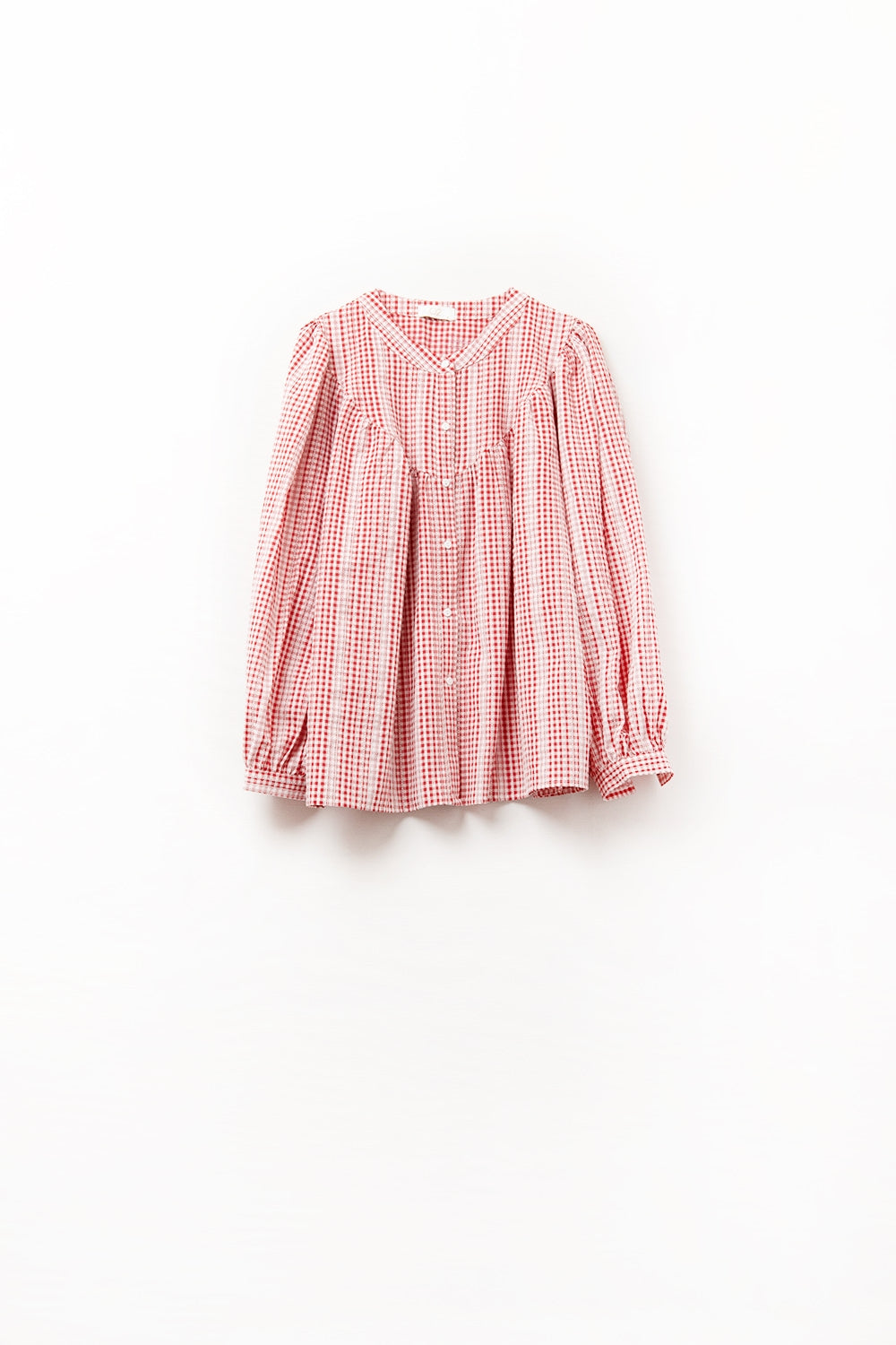 Gingham Red and White Collarless Blouse With Wide Sleeves - Blouses