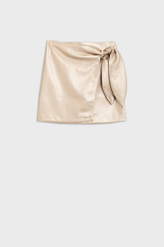 Gold faux leather mini skirt with bow on the side - Skirts