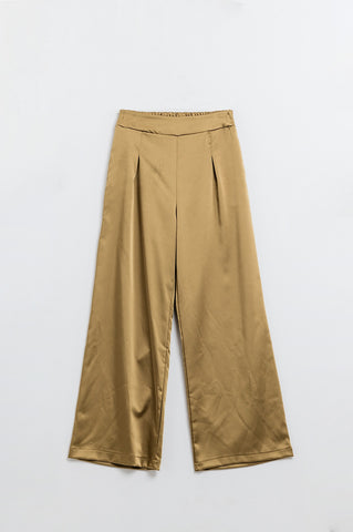 Pantalon large taille haute en satin doré