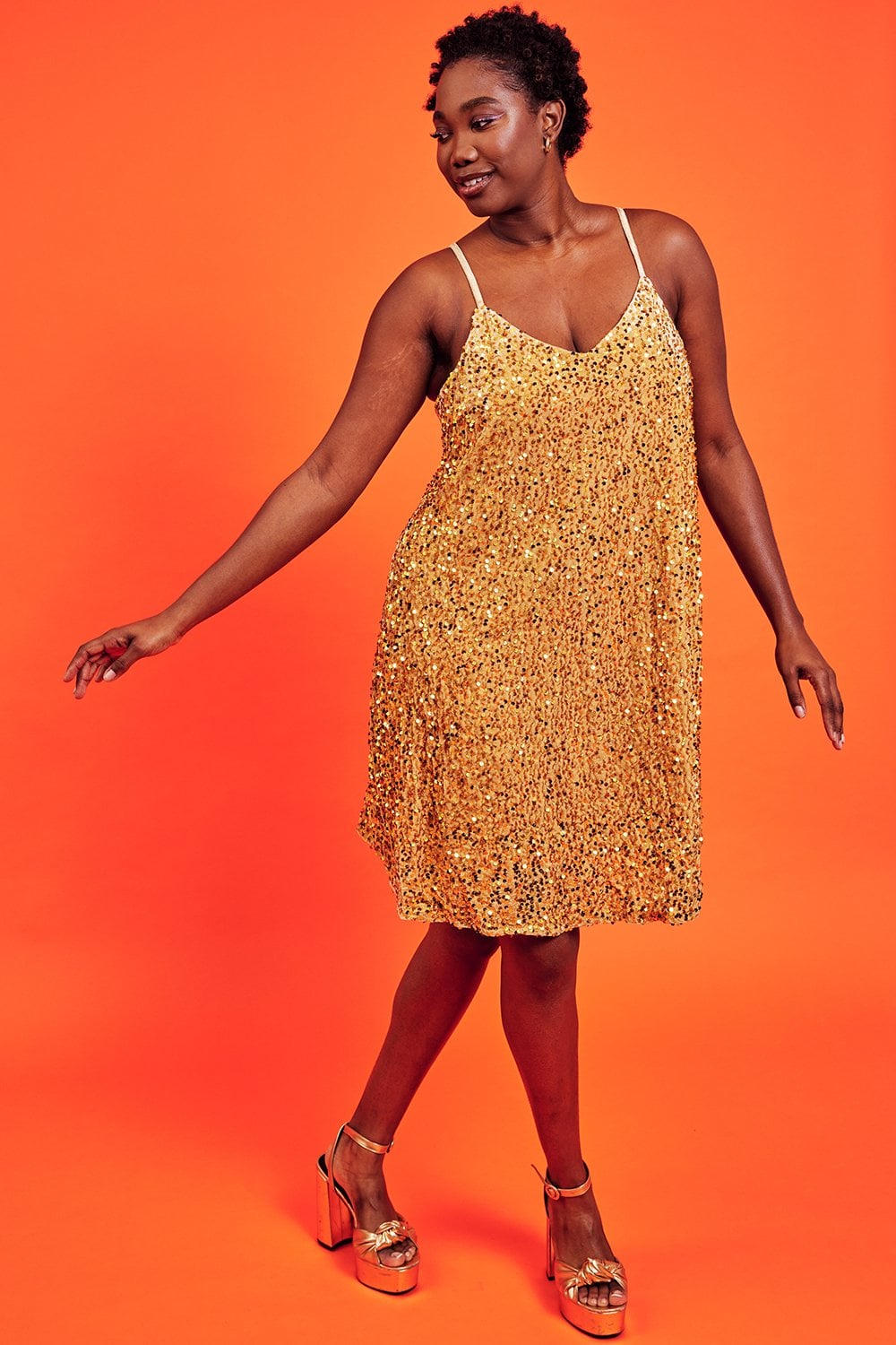 Gold Sequin Curve Size Cami Swing Dress Gold Curve Polyester - Elastane Blend - Cami Dresses