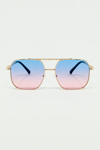 gold square frame sunglasses in ombre light blue with pink