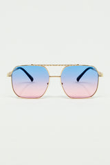 gold square frame sunglasses in ombre light blue with pink