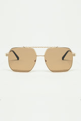gold square frame sunglasses with brown lenses