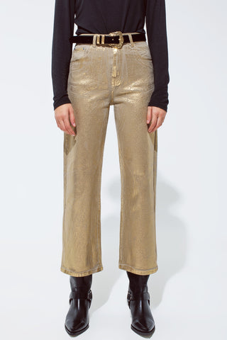 Gold straight leg jeans with metallic glow