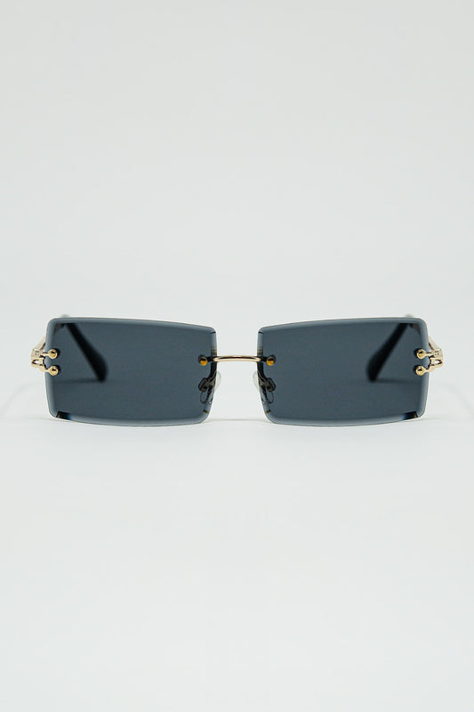 Gold Thin Rimless Square Sunglasses With Black Lenses - Sunglasses