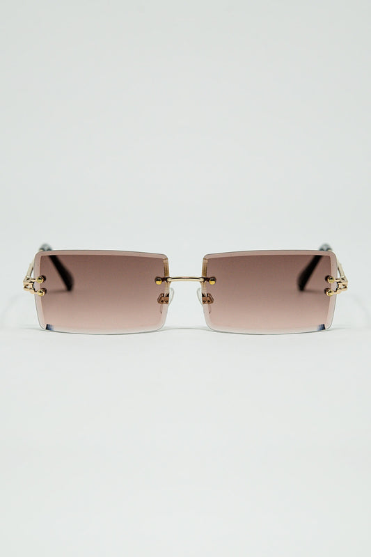 Gold Thin Rimless Square Sunglasses with Soft Brown Gradient Lenses - Sunglasses
