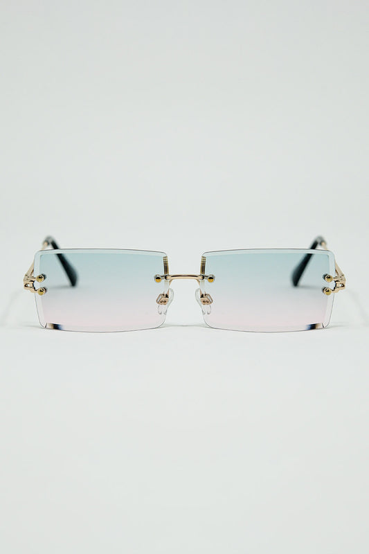 Gold Thin Rimless Square Sunglasses with Turquoise and Pink Gradient Lenses - Sunglasses