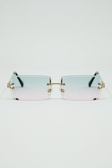 Gold Thin Rimless Square Sunglasses with Turquoise and Pink Gradient Lenses
