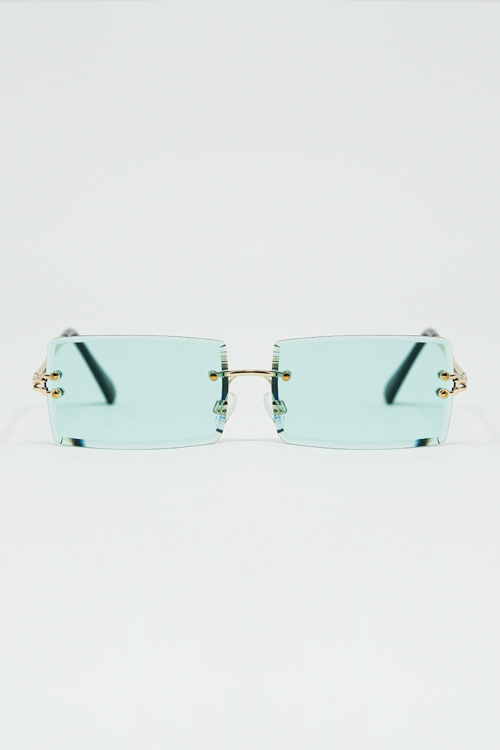 Gold Thin Rimless Square Sunglasses with Turquoise Lenses - Sunglasses