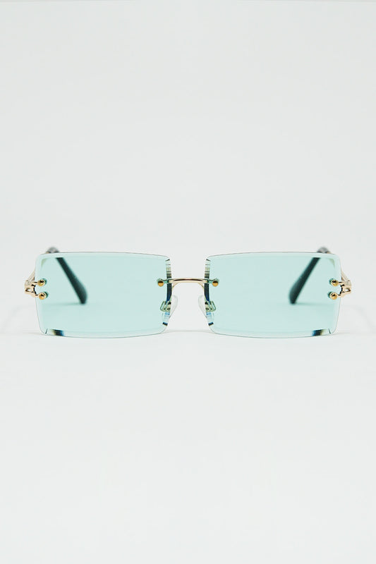 Gold Thin Rimless Square Sunglasses with Turquoise Lenses - Sunglasses