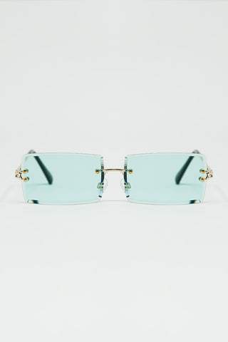 Gold Thin Rimless Square Sunglasses with Turquoise Lenses