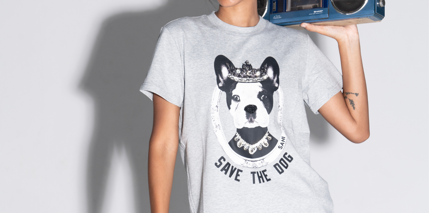 Save The Dog - Graphic Embroidered Cotton T-Shirt Gray - T-Shirts