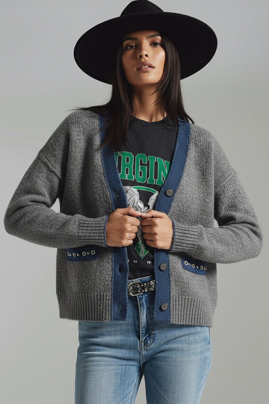 gray cardigan with denim fabric details - Cardigans