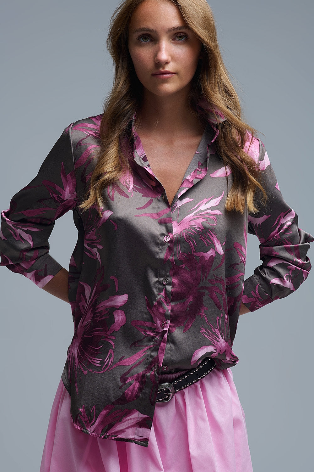 Gray Floral Print Satin Shirt with Buttons - Shirts