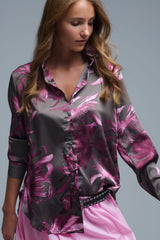Chemise en satin gris à imprimé floral et boutons