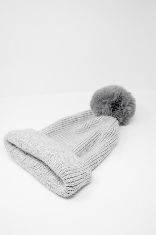 Gray knitted hat with pompom - Hats
