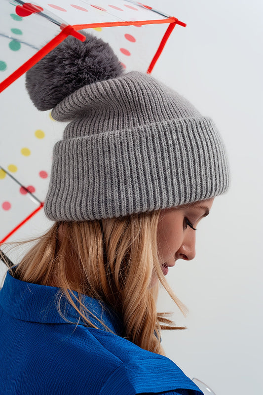 Gray knitted hat with pompom - Hats