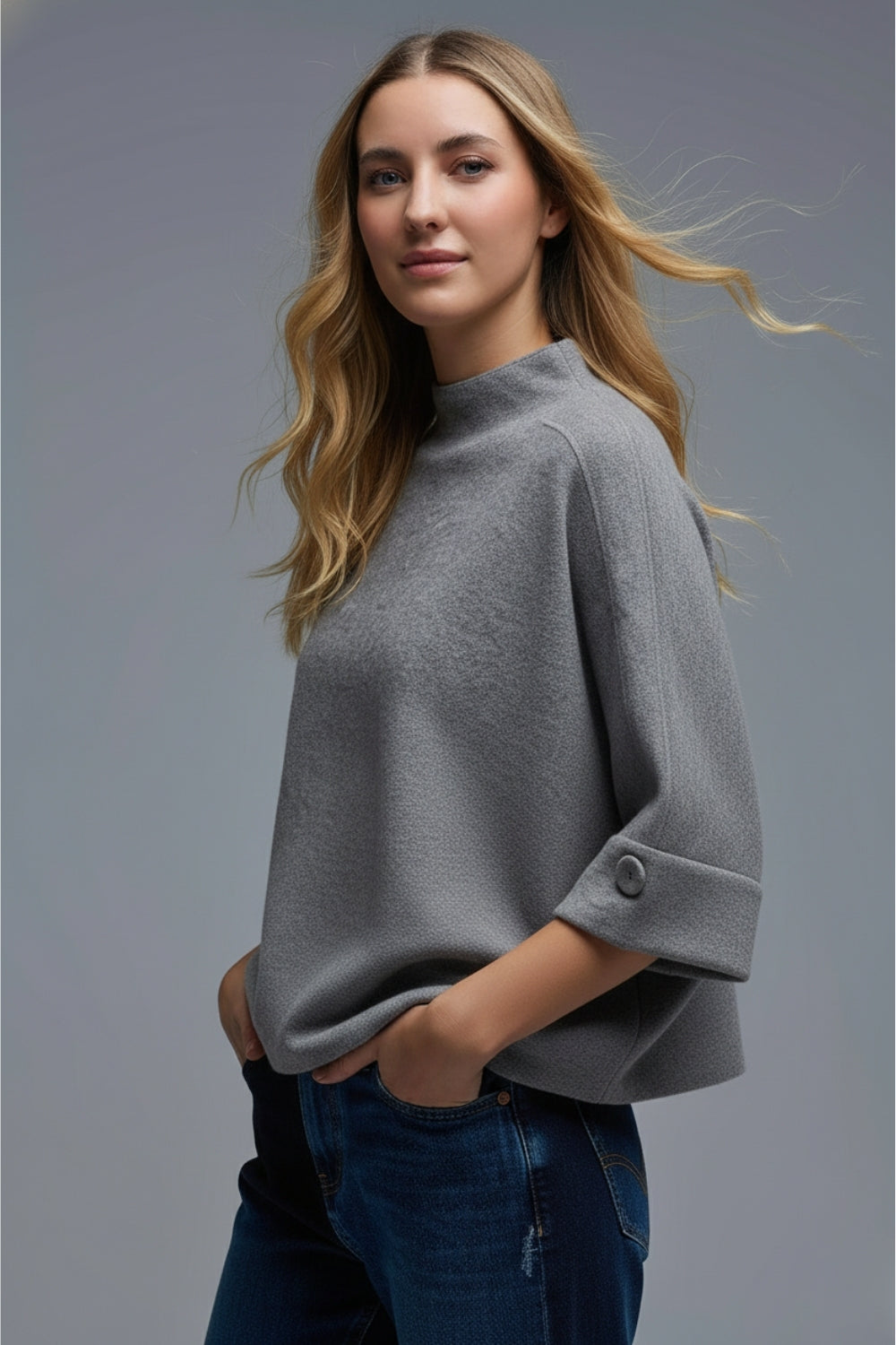 Gray Knitted Sweater with Button Details - Sweaters