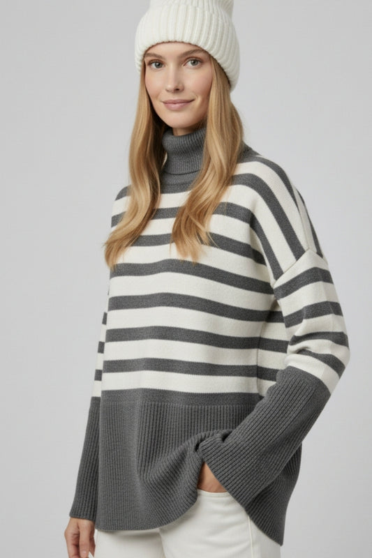 Gray oversized turtleneck sweater with white stripes and splits on the side -
