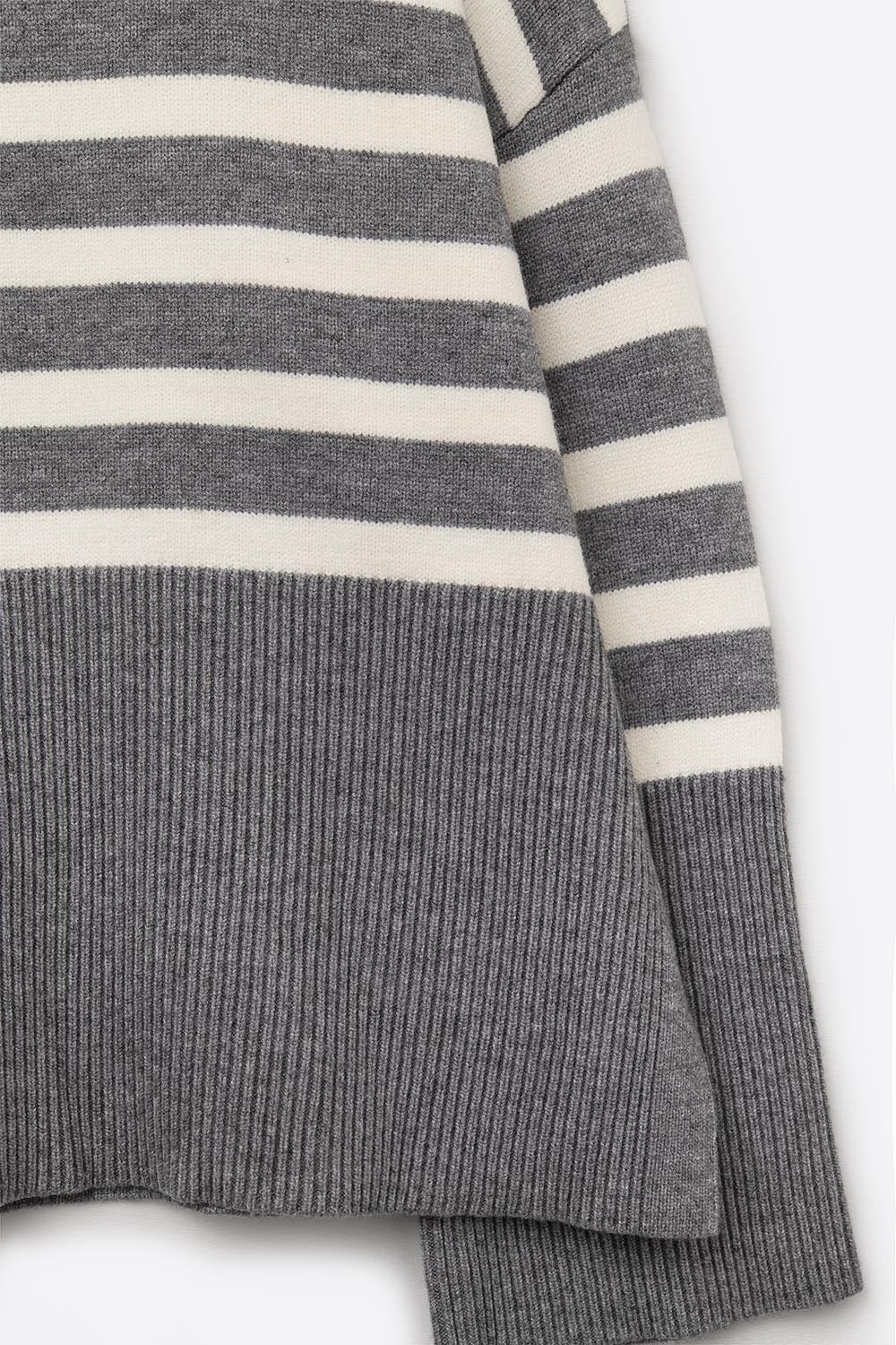 Gray oversized turtleneck sweater with white stripes and splits on the side -