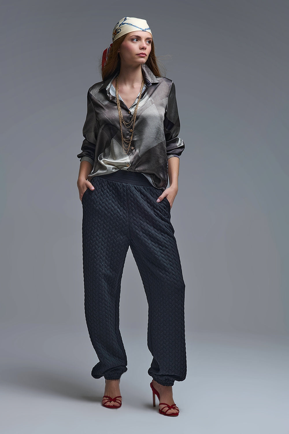 gray satin shirt with geometric print - Shirts