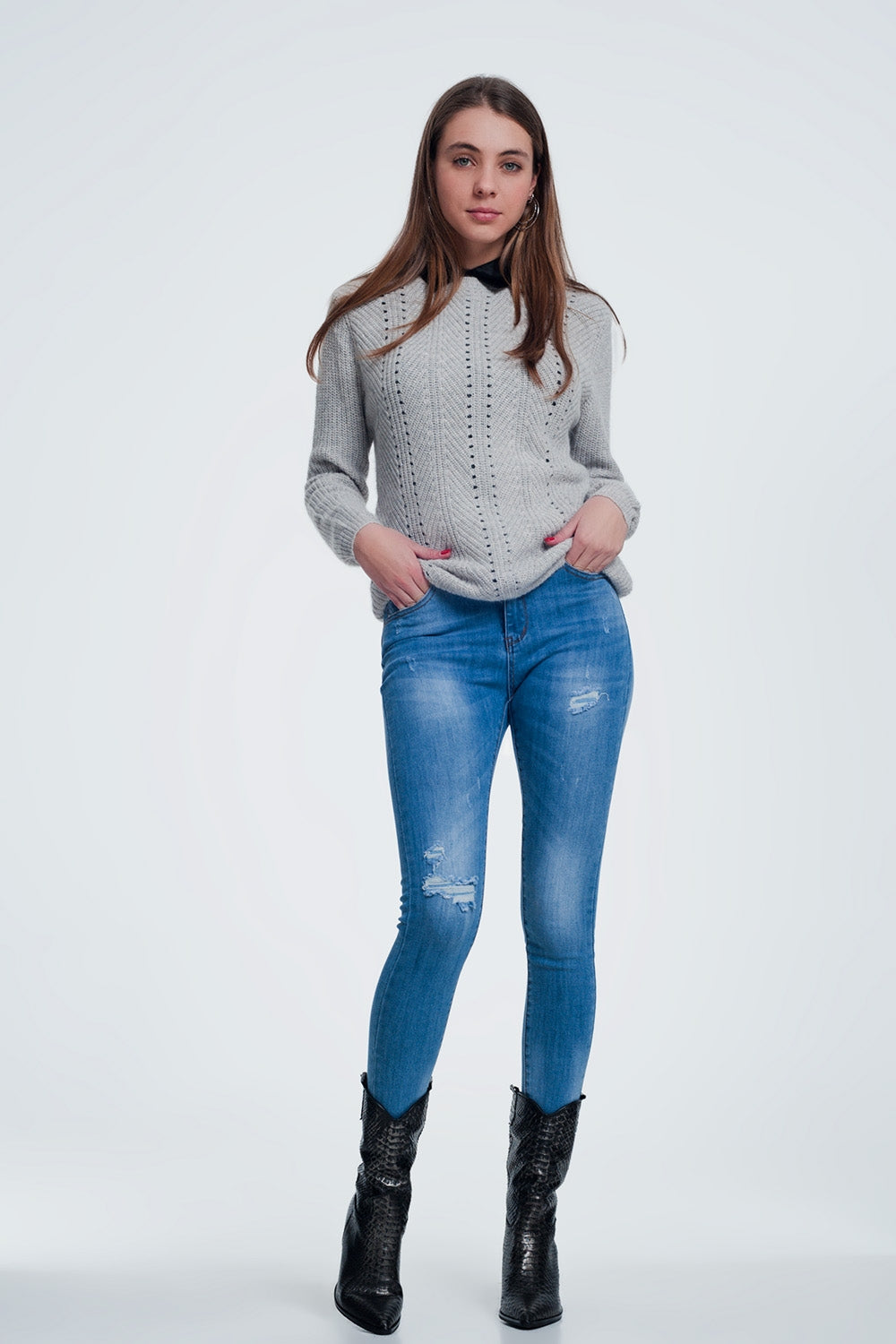 Gray sweater with knitted stripe detail - Jumpers