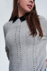 Gray sweater with knitted stripe detail