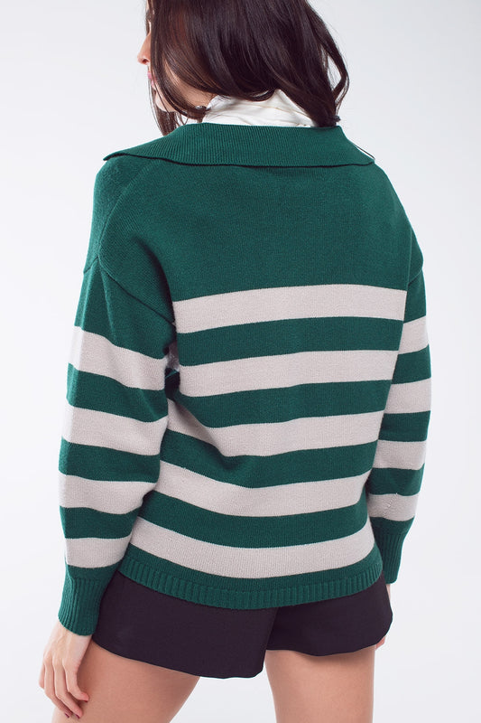 Green and white striped sweater with V neck and polo collar - Polos