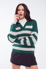 Pull rayé vert et blanc avec col V et col polo