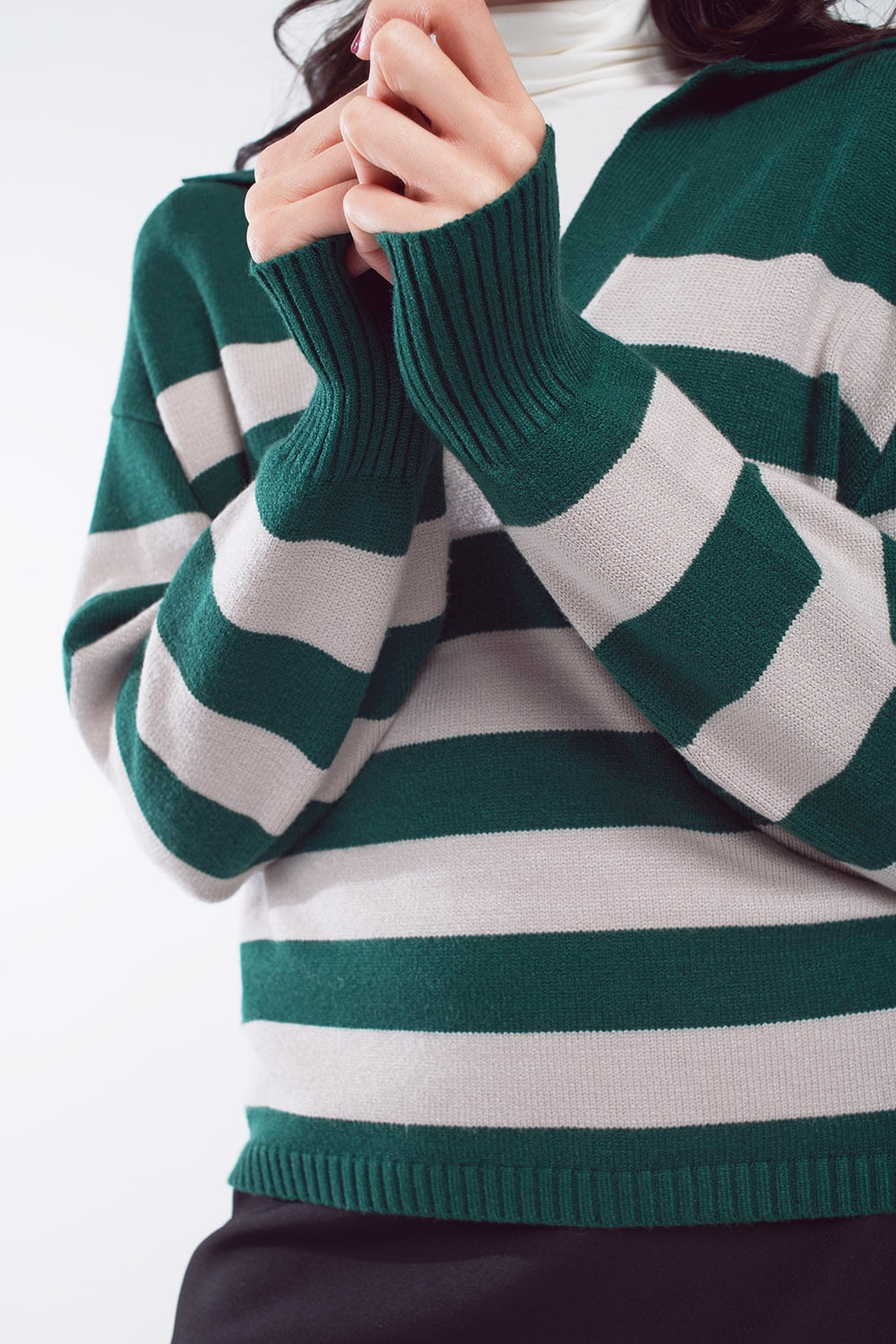 Green and white striped sweater with V neck and polo collar - Polos
