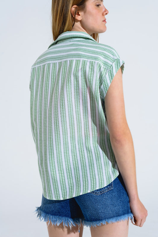 Green Blouse With Vertical Stripes And Short Sleeves - Blouses