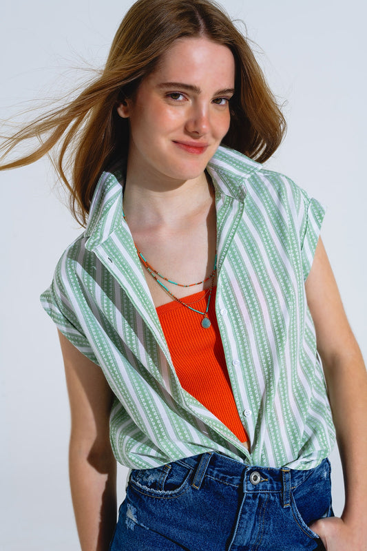 Green Blouse With Vertical Stripes And Short Sleeves - Blouses