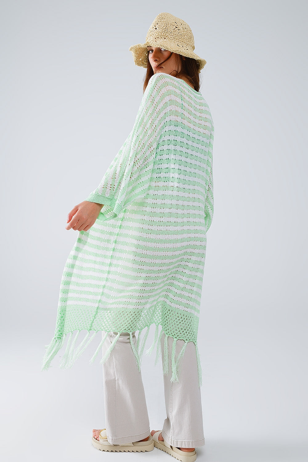 Green Boho Style Cardigan With Stripes Pointelle Knit and Fringe Details - Cardigans