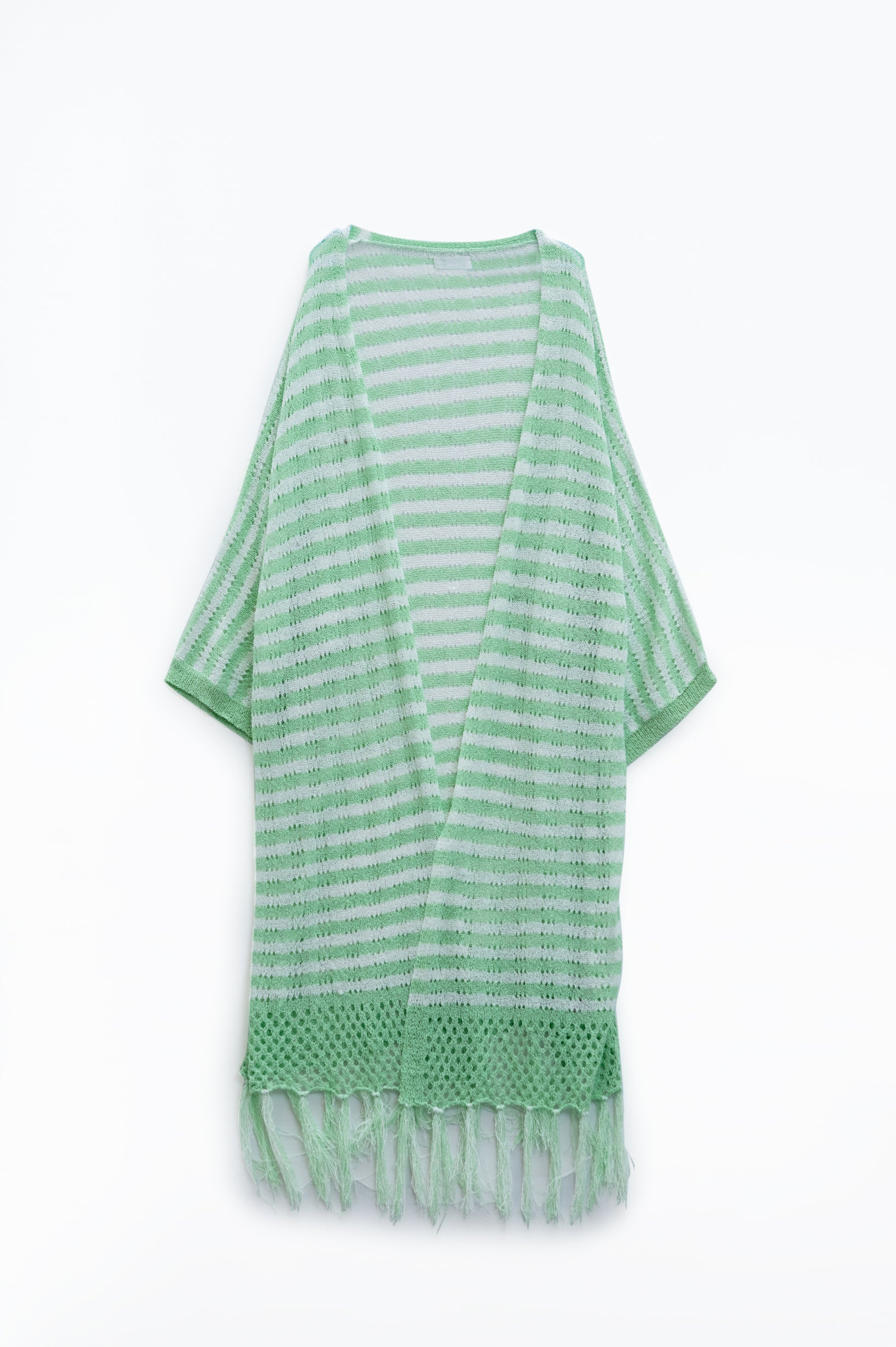 Green Boho Style Cardigan With Stripes Pointelle Knit and Fringe Details - Cardigans