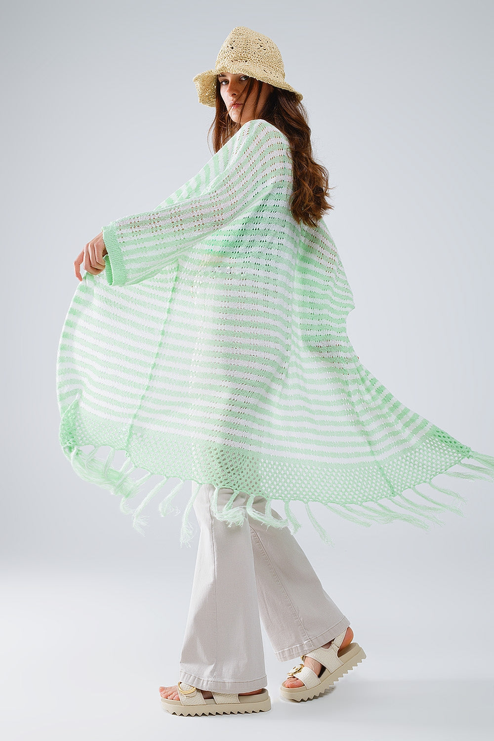 Green Boho Style Cardigan With Stripes Pointelle Knit and Fringe Details - Cardigans