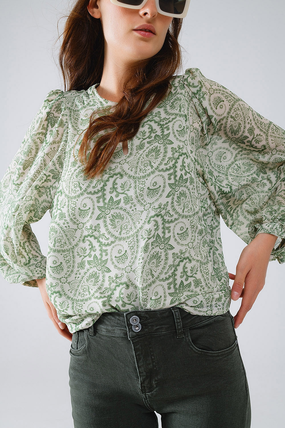 Green chiffon Blouse With Floral Print And Long Balloon Sleeves - Blouses