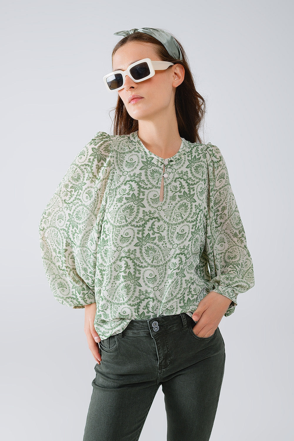 Green chiffon Blouse With Floral Print And Long Balloon Sleeves - Blouses