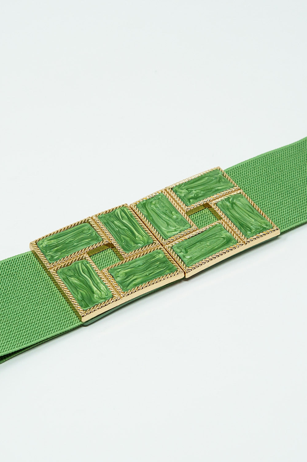 Green Elastic Belt With Squared Marbled Buckles And Gold Details - Belts