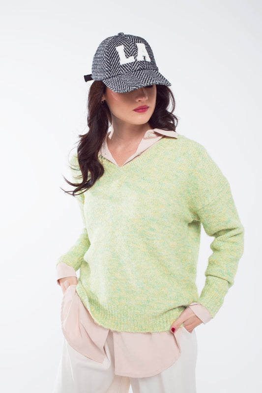 Green fluffy knit sweater with V-neck - Jumpers