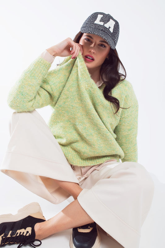 Green fluffy knit sweater with V-neck - Jumpers