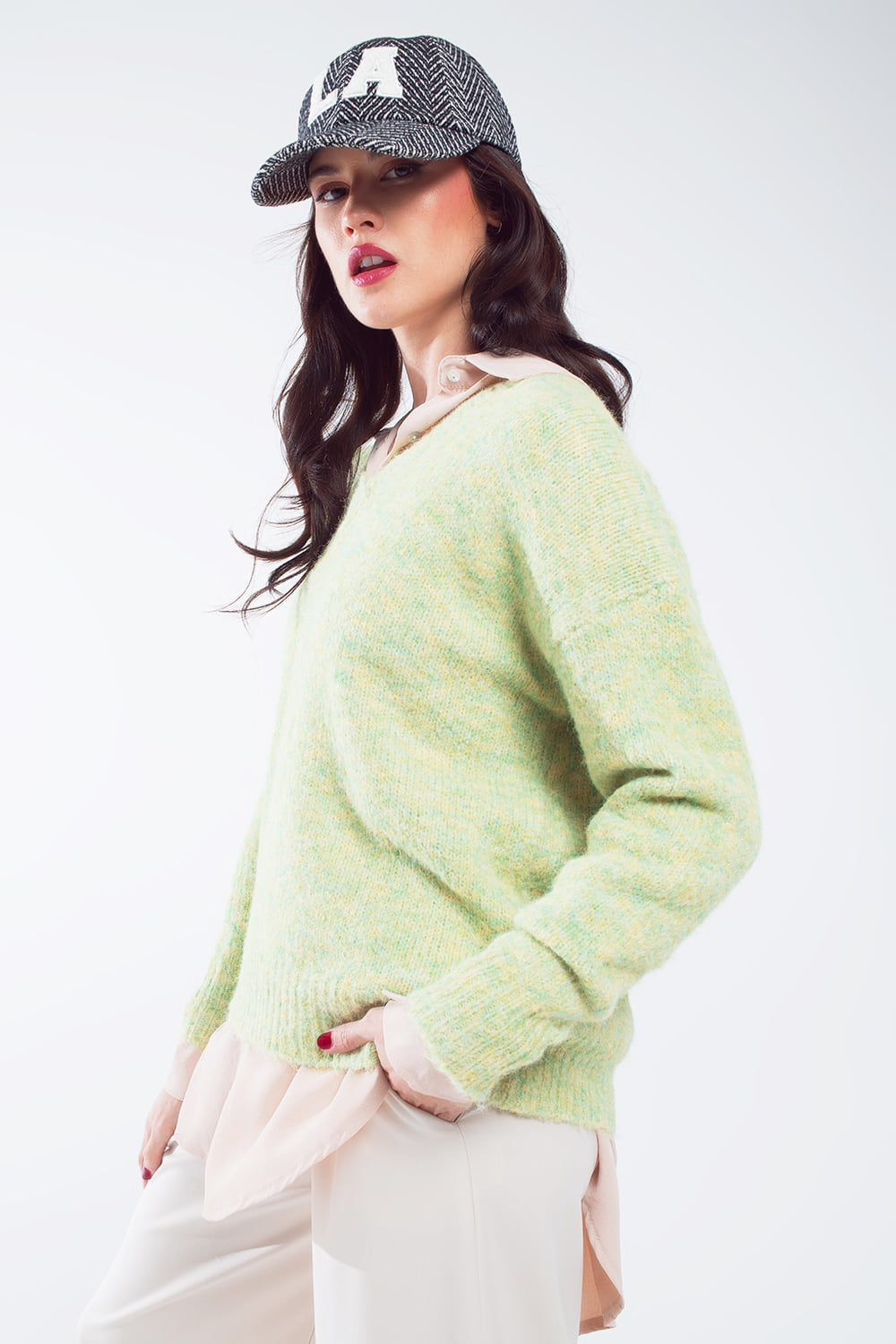 Green fluffy knit sweater with V-neck - Jumpers