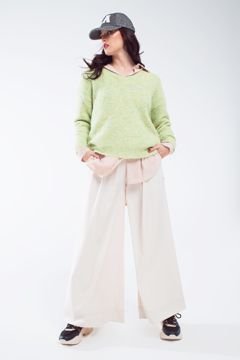 Green fluffy knit sweater with V-neck - Jumpers