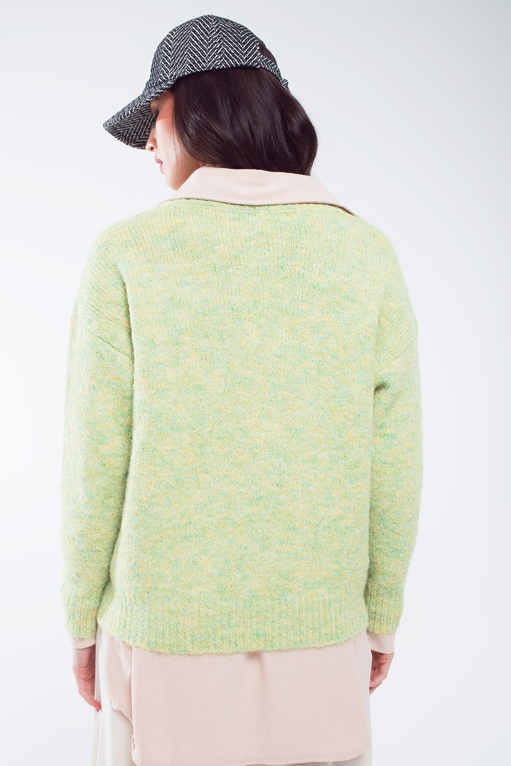 Green fluffy knit sweater with V-neck - Jumpers