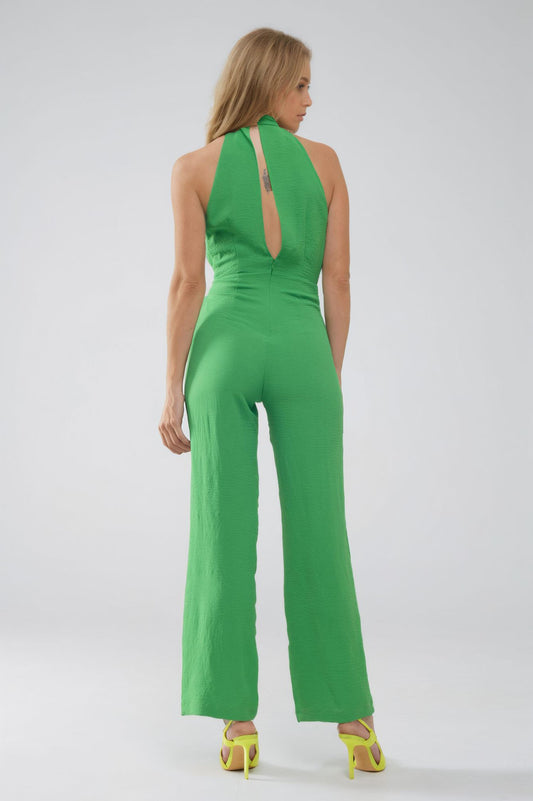 Green Jumpsuit With Crossed Halter Neckline - Dresses