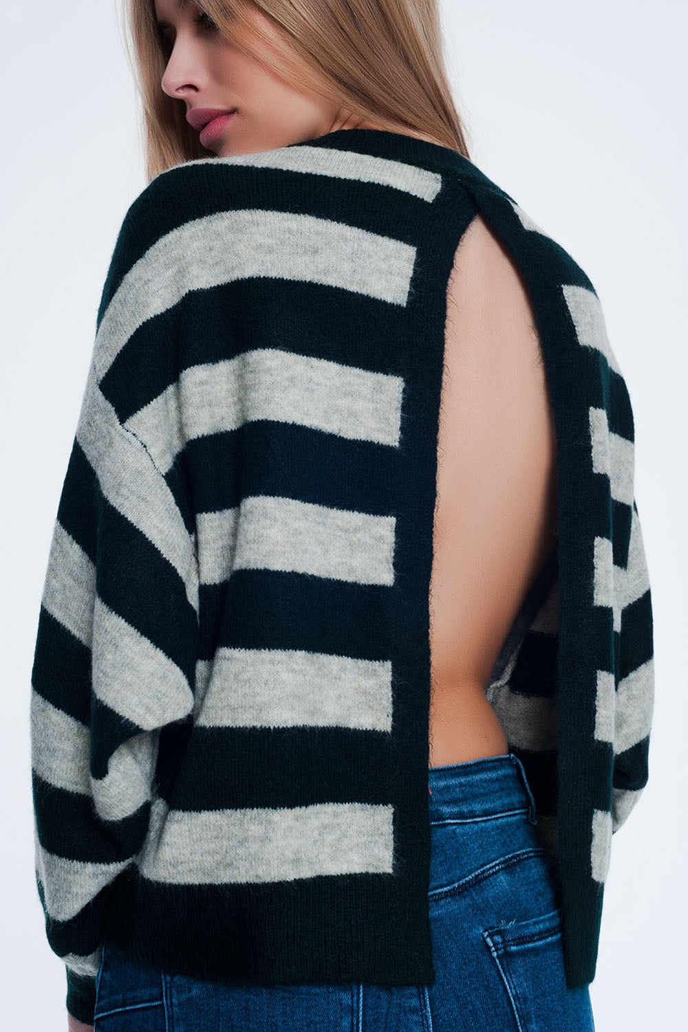 Green knitted sweater with grey stripes - Jumpers