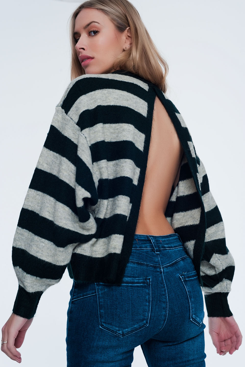Green knitted sweater with grey stripes - Jumpers