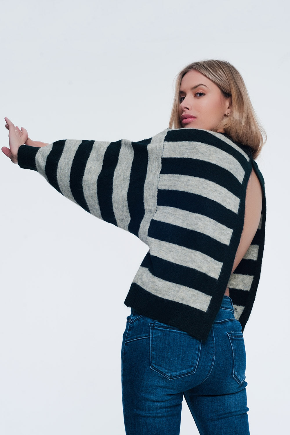 Green knitted sweater with grey stripes - Jumpers